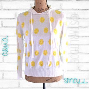 Aqua Lemon Slice Hooded Knit Pullover Sweatshirt